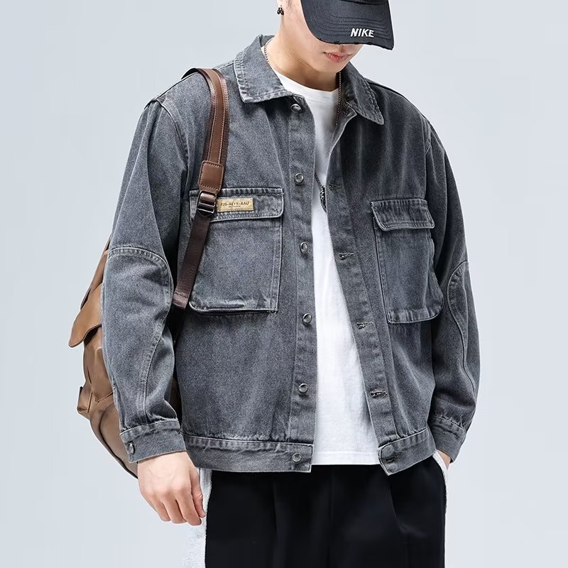 春秋季新款日系复古翻领水洗做旧牛仔夹克休闲宽松落肩男生外套