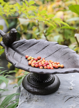 跨境北欧复古铸铁树叶鸟食盆摆件庭院户外置地室外花园艺装饰造景