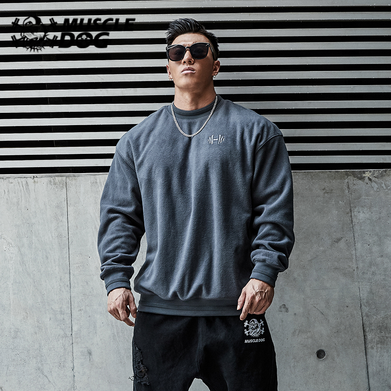 肌肉狗时尚运动卫衣男秋冬羊羔绒加绒加厚圆领宽松健身训练套头衫