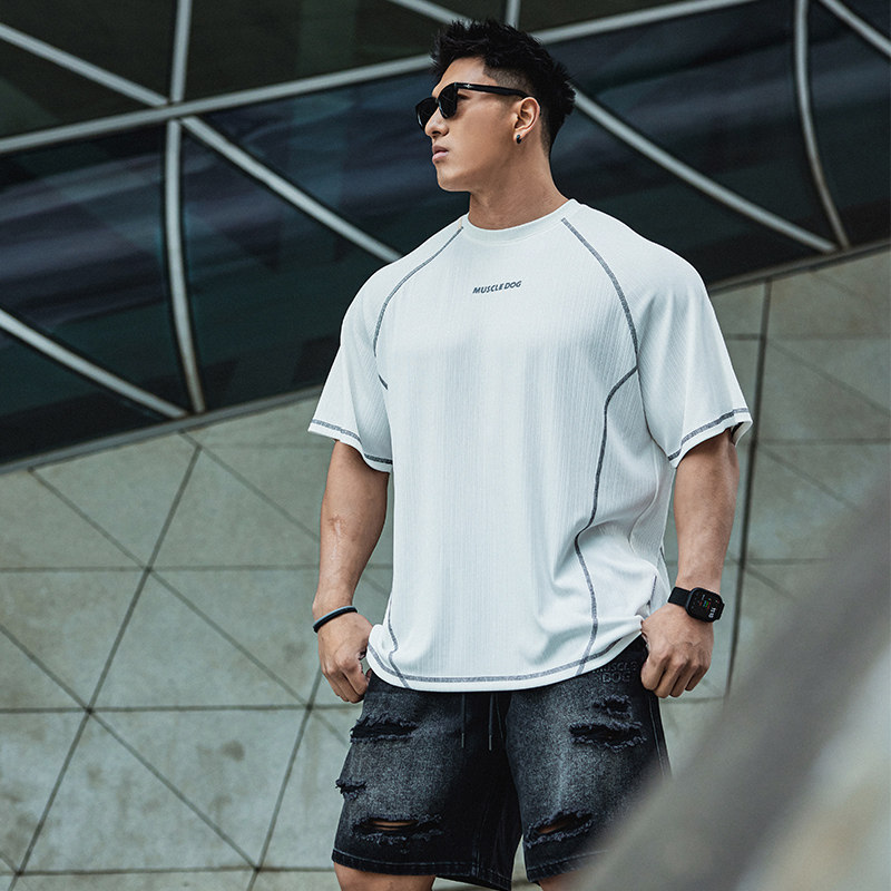 肌肉狗 夏季新品条纹肌理感运动短袖T恤男宽松休闲半袖健身训练服