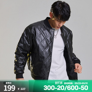 皮衣外套男冬季 男装 新品 健身宽松短款 皮夹克 菱形格纹美式 肌肉狗