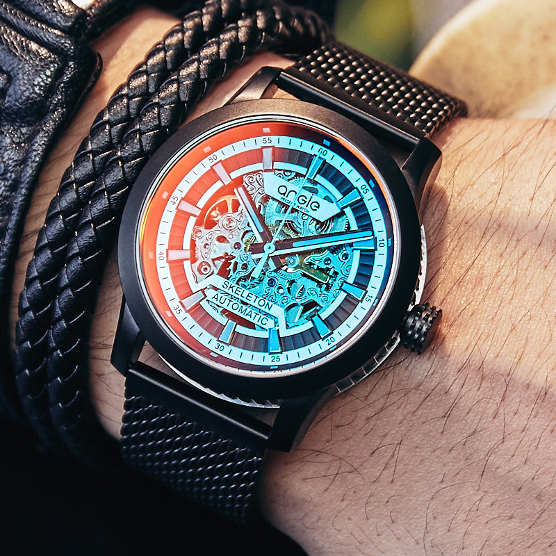 angie男士手表男学生潮流防水机械表镂空黑科技运动个性潮男炫酷
