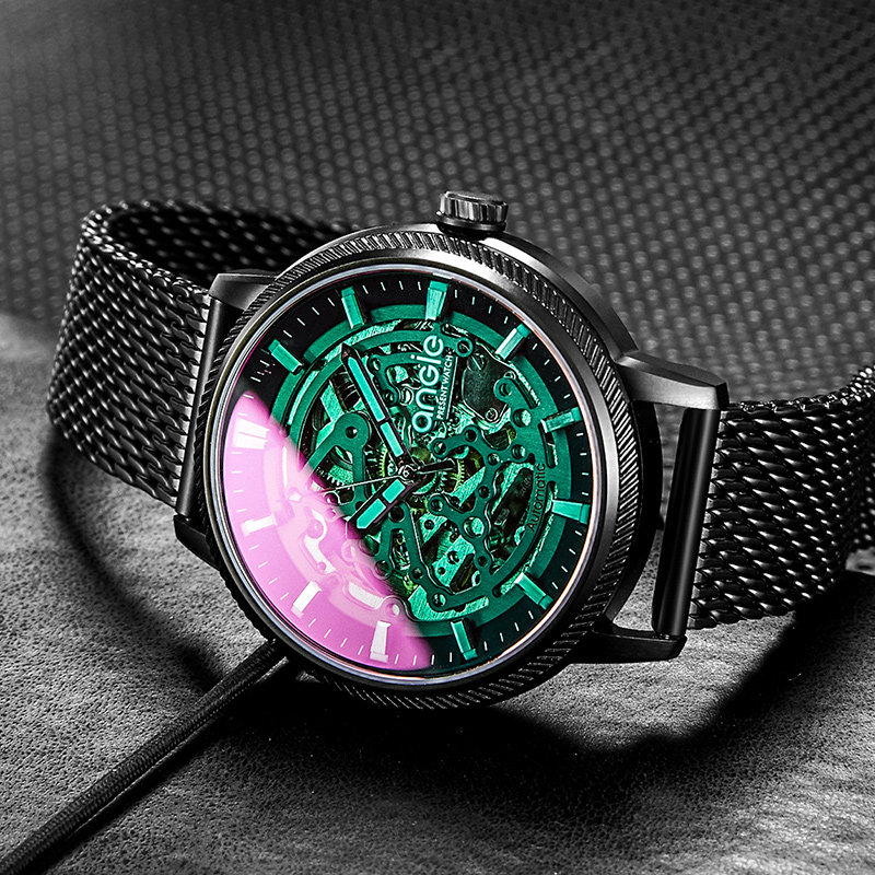 台湾angie亨积手表男女士机械表镂空超薄紫色机械表女士中性腕表