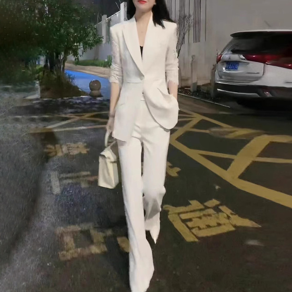 蕾丝拼接西装外套女高级感职业套装2024新春装微喇裤气质两件套,女装/女士精品,时尚套装,淘宝优惠券,粉丝福利购,淘宝优惠卷