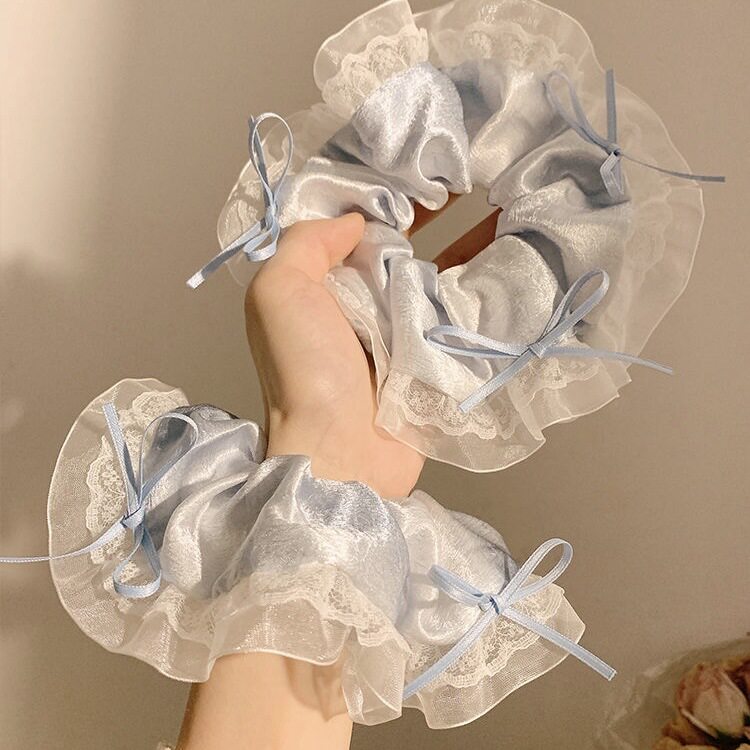 法式缎面丝绸蝴蝶结发圈高质感发绳丸子头蕾丝温柔纯色百搭马尾女