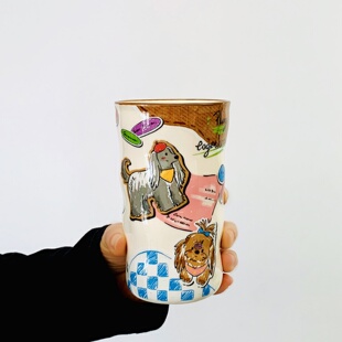 限定可爱卡通狗狗图案手捏陶瓷马克杯手绘风格咖啡杯早餐牛奶水杯