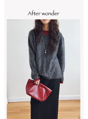 Afterwonder两色100%山羊绒卷边圆领针织衫 水洗拉绒柔感毛衣百搭