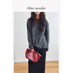Afterwonder两色100%山羊绒卷边圆领针织衫 水洗拉绒柔感毛衣百搭