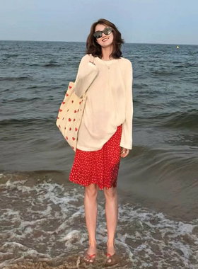 Afterwonder红色碎花短裙A字半裙 法式优雅浪漫度假高腰半身裙