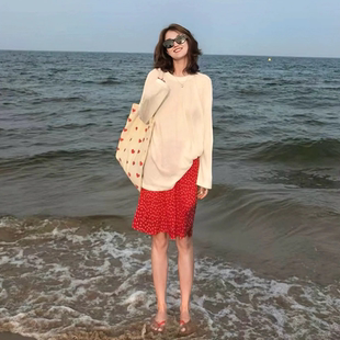 Afterwonder红色碎花短裙A字半裙 优雅浪漫度假高腰半身裙 法式