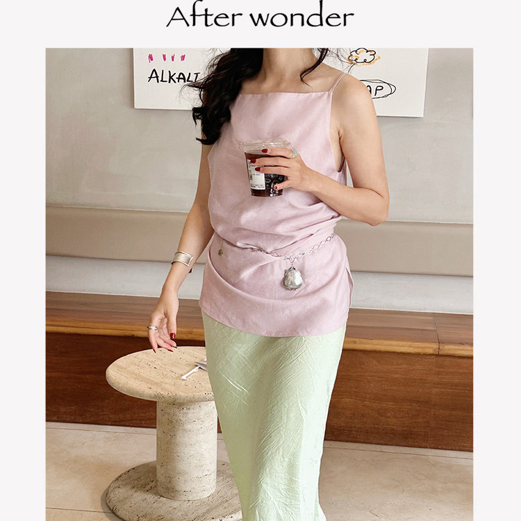 Afterwonder两色设计感一字领系带吊带 肌理感真丝醋酸浪漫度假风