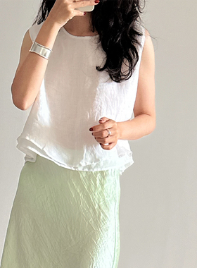 Afterwonder白色100%苎麻双层背心 简约百搭夏日清凉圆领无袖上衣