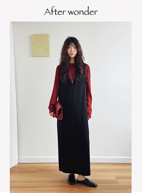 Afterwonder黑色背心连衣裙 气质通勤叠穿V领设计修身显瘦极简风