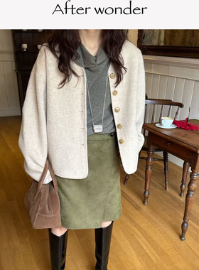 afterwonder100%澳毛燕麦色双面呢外套 经典加厚款纯手工短款廓形