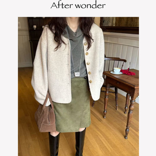 afterwonder100%澳毛燕麦色双面呢外套 经典加厚款纯手工短款廓形