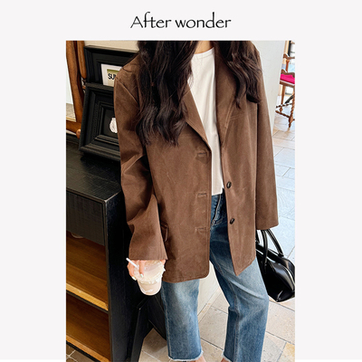 afterwonder复古深咖色西装 宽松帅气休闲外套气质小众设计电影感