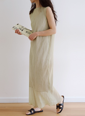 Afterwonder两色褶皱无袖连衣裙 du家氛围感直筒长裙优雅自然气质