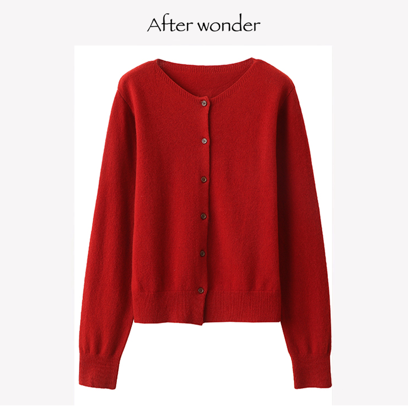 Afterwonder木质扣全羊毛圆领针织开衫 圣诞新年红软糯亲肤毛衣