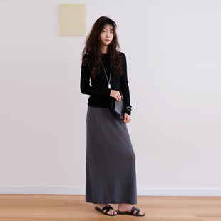 Afterwonder灰色扬子纱羊毛半身裙 垂感直筒高腰显瘦气质通勤百搭