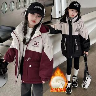 休闲派克服 加绒加厚棉衣中长款 女童棉服外套2025新款 冬装