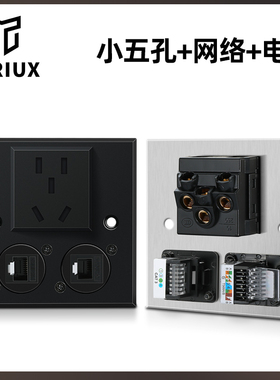 D型小五孔二位网络电话黑色银色金属不锈钢面板86型拉丝双口网络