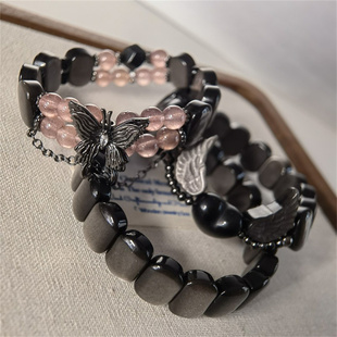 天然银曜石细条手镯巨闪小方镯双猫眼手牌火山灰石蝴蝶链条手串女