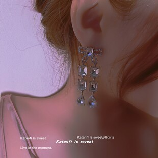 纯银满钻钛钢皓石蝴蝶结长款流苏耳环网红夸张礼服配饰2023新款女