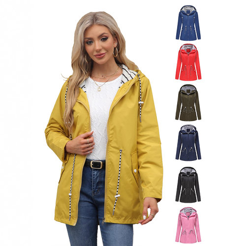 2026 Waterproof Long Women’s Hooded Raincoat With Striped