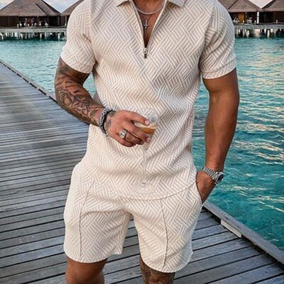 Men's Printed Zipper Short Sleeve Large Size Casual Suit Lap