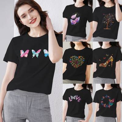 Women's Clothing Black T-shirt Casual Top Cartoon Color Butt