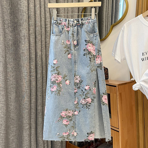 Vintage All-match Slim-fit Slot Denim Print Women's Large Si
