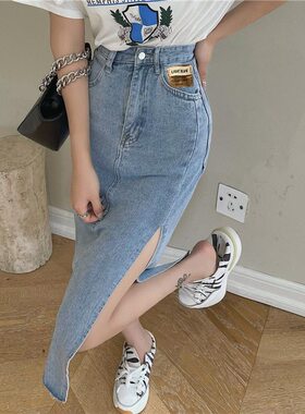 小个子侧开叉牛仔女2026年高腰贴标显瘦臀中长裙
