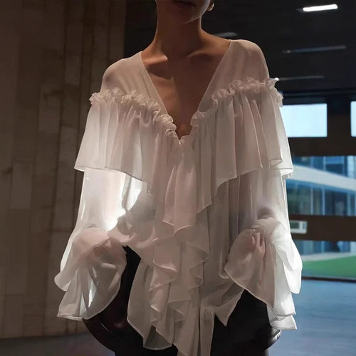 V-neck Sexy Perspective Blouse Ruffled Sexy Hot Girl