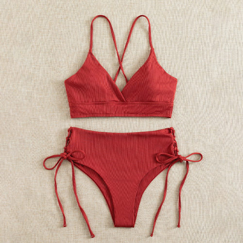 Swimsuit Women's Solid lor V-neck Sexy Suit High Waist Draws