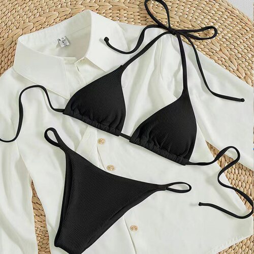 Sexy Solid lor Beach Rib Split Set Lace-up  Bra Two-piece Sw