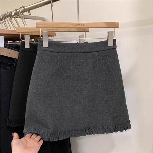 Gray Woolen Women's 2026 High-waisted A-line Hip Skirt With