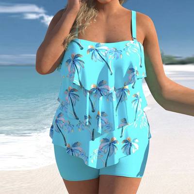 Plus Size Sexy Backless Swim Set Women Cascading Ruffle Susp