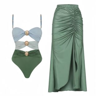2026 Skirted Swimsuit Solid-color Patchwork One-piece Swimsu