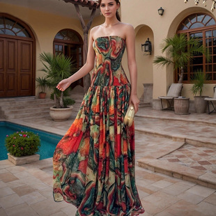 Printed Ruched Bandeau Bodycon Maxi Dress
