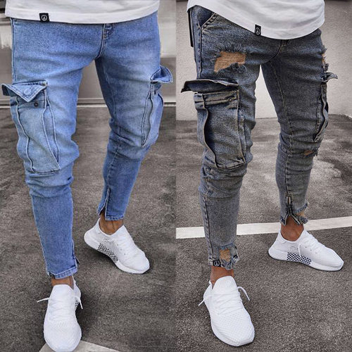 Hot Selling Sretch Men's Fashionable Knee Ripped Zipper Pant