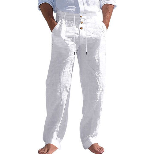 Cross-border American Men's Linen Pants Button Decorative Dr