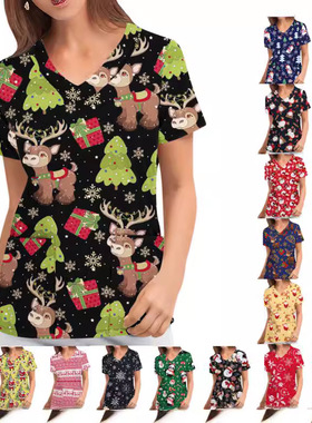 Nurse Clothing Christmas Printed V-neck Short-sleeved Bottom