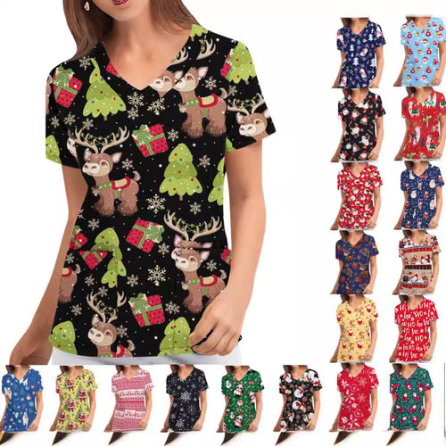 Nurse Clothing Christmas Printed V-neck Short-sleeved Bottom