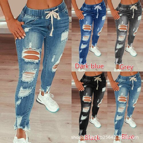 2026 Elastic Waist Women's High Waist Ripped Leg Tie Trouser