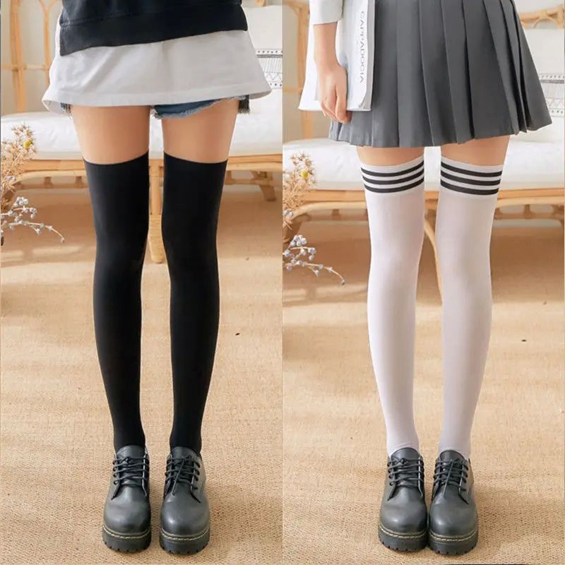 New Sexy Medias Black White Striped Long Socks Women Velet O