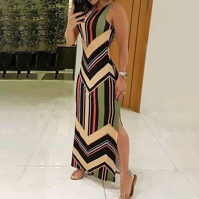 Colorful Striped Print Side Slit Maxi Dress Women Colorblock