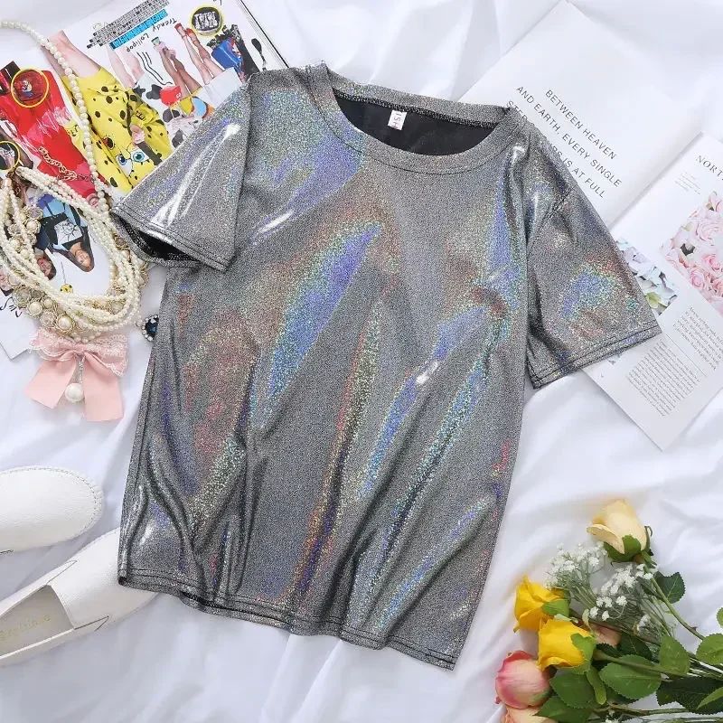 S-5XL Womens Sparkly Shiny Metallic Holographic Round Neck S