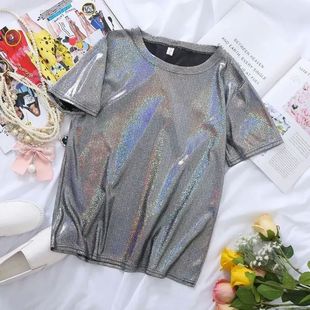 5XL Holographic Shiny Metallic Sparkly Round Neck Womens