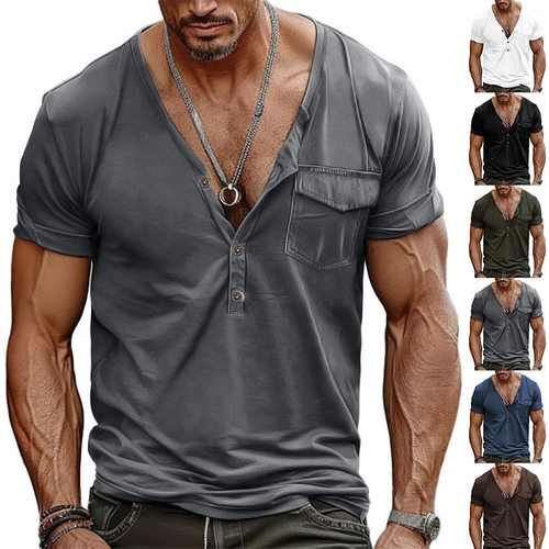 2026 Big V-neck Men's Loose Retro Pocket Henry Shirt Short S