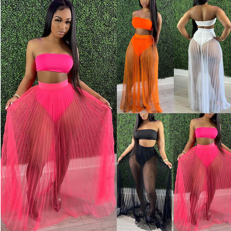 Station Women's Sexy Mesh Pleated Dress Set Chest Wrapping T - 实物图